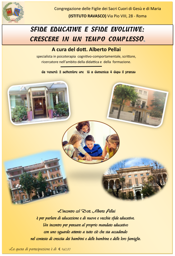 Sfide educative e sfide evolutive: crescere in un tempo complesso. A cura del dott. Alberto Pellai, specialista in psicoterapia cognitiva-comportamentale, scrittore, ricercatore nell'ambito della didattica e della formazione. Da venerdì 2 settembre ore 18 a domenica 4 dopo il pranzo. L'incontro col dott. Alberto Pellai è per parlare di educazione e di nuove e vecchie sfide educative. Un incontro per pensare al proprio mandato educativo con uno sguardo attento a tutto ciò che sta accadendo nel contesto di crescita dei bambini e delle bambine e delle loro famiglie. La quota di partecipazione è di € 140,00
